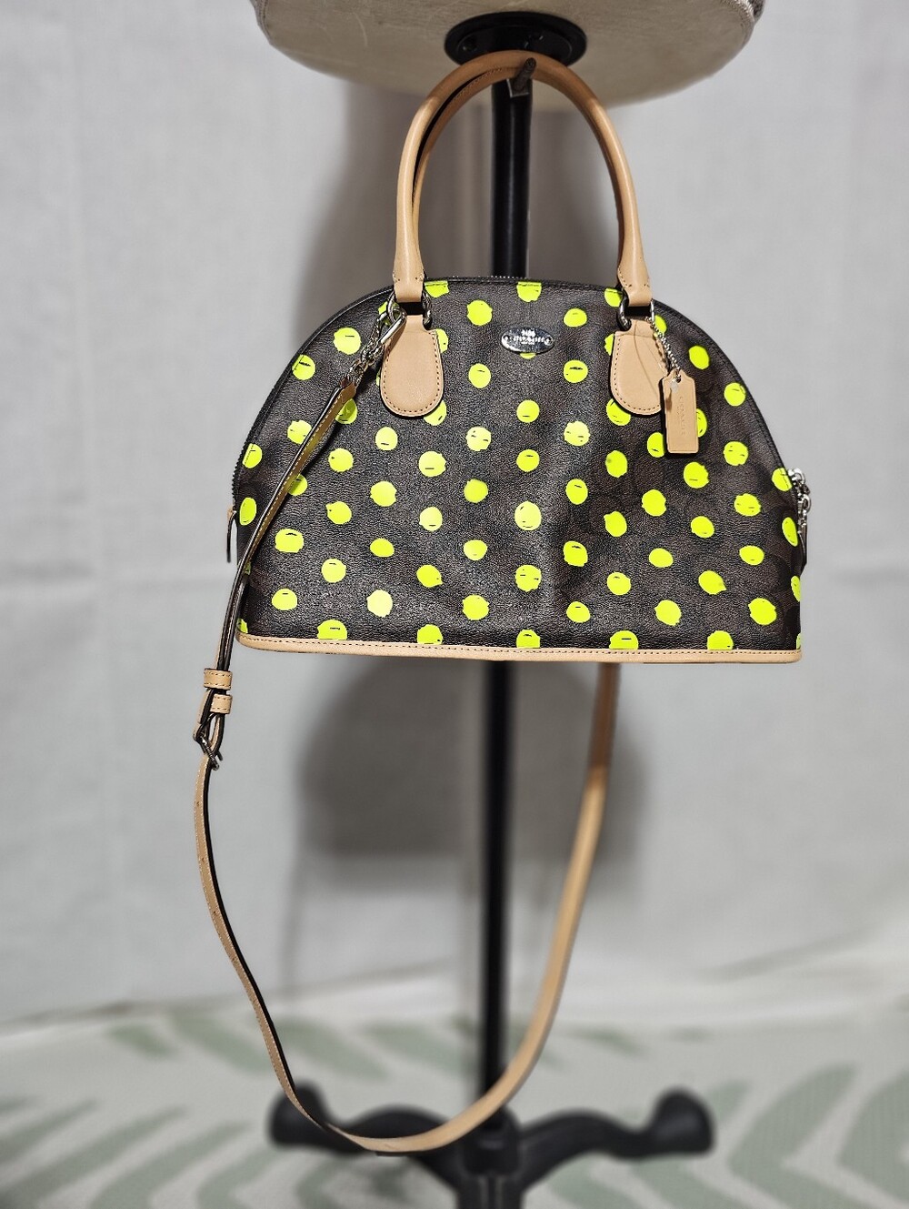 Coach Brown Satchel with Neon Yellow Polka Dots